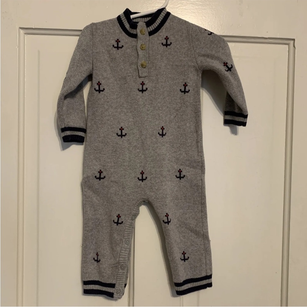 Janie & Jack Anchor Print Sweater One-piece 6-12 Months Gray Navy Long Sleeve